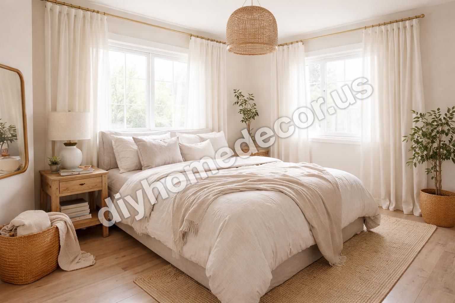 Light bedding and high hung curtains in small bedroom