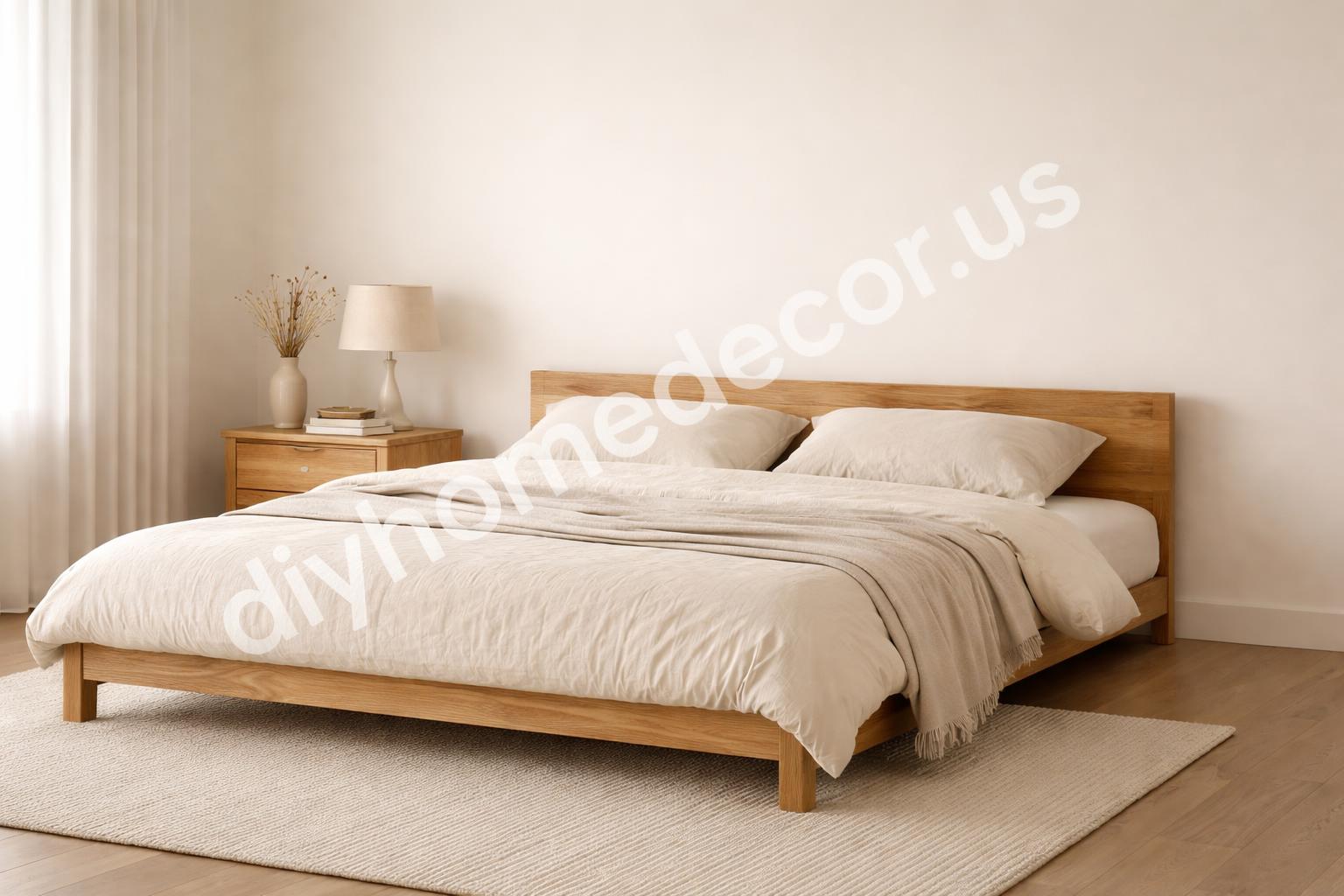 Low wood bed frame in minimal japandi bedroom