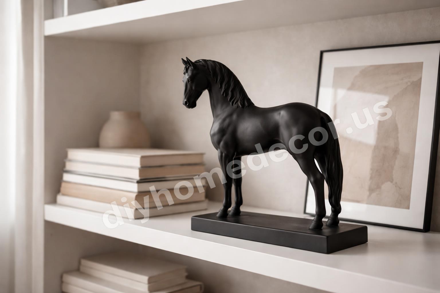 Matte black horse statue on shelf