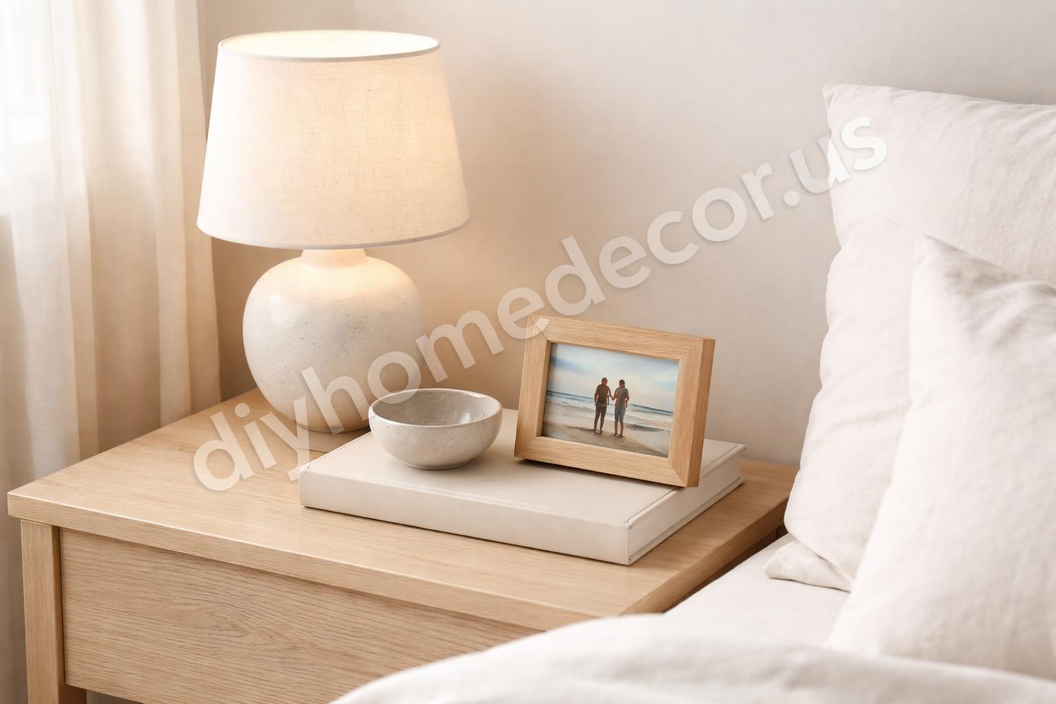 Meaningful bedroom objects on simple nightstand