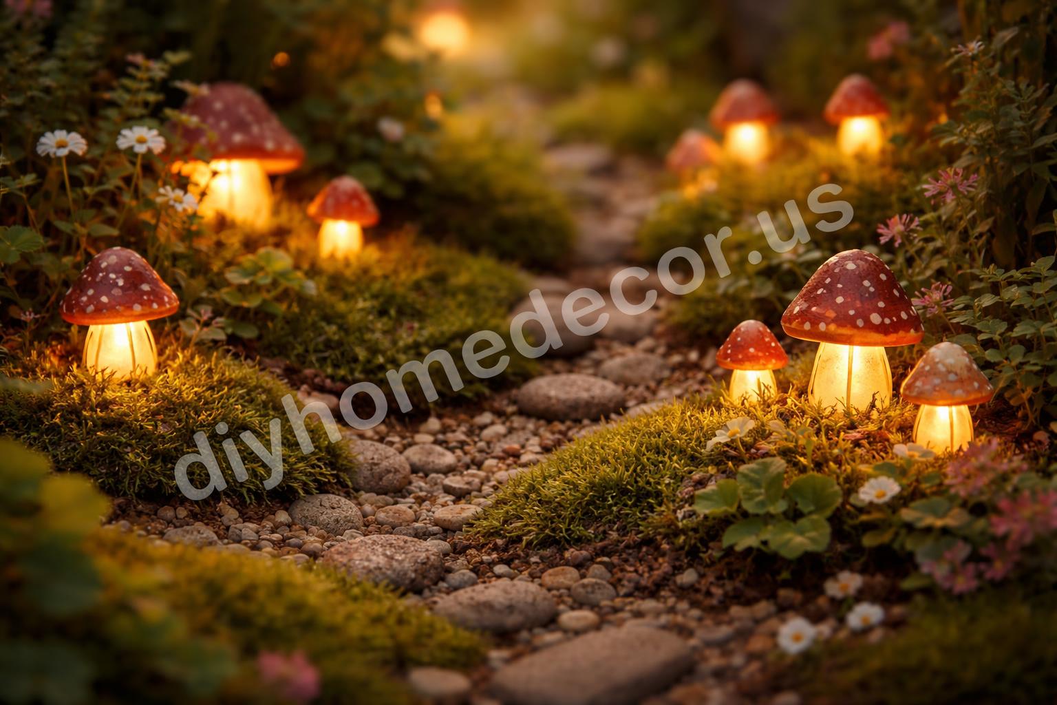 Mini mushroom lanterns in a whimsical fairy garden