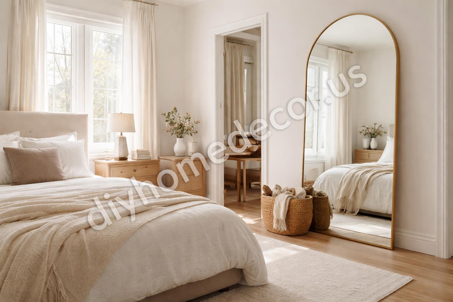 Mirror reflecting light in elegant bedroom