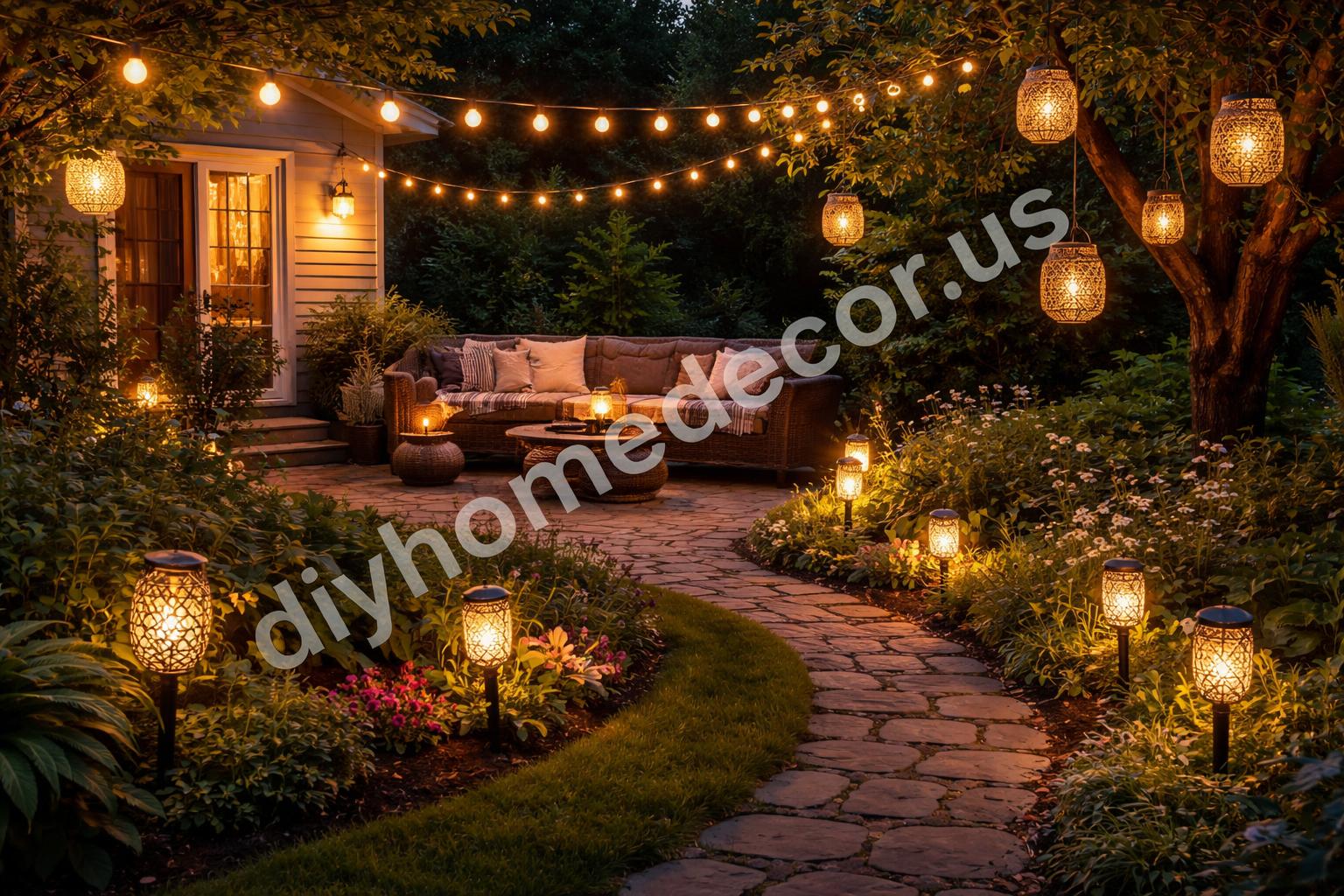 Mix of solar lanterns string lights and stake lights