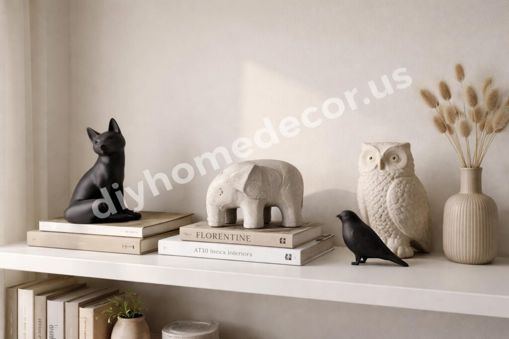 Modern animal statues on living room shelves