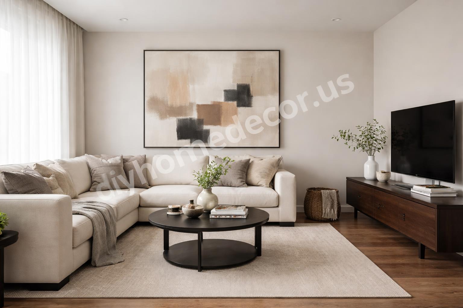Modern neutral living room with anchoring art