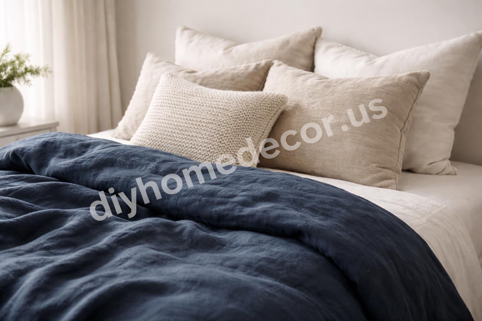 Navy bedding with soft neutral pillows