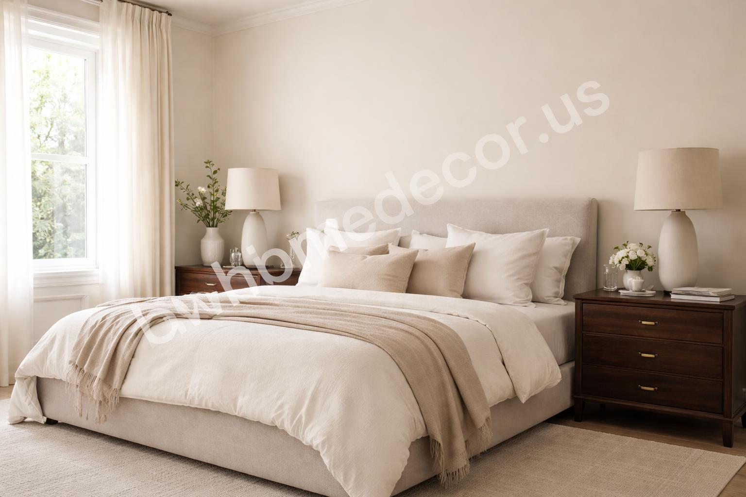 Neutral bedroom with dark wood contrast and soft accents