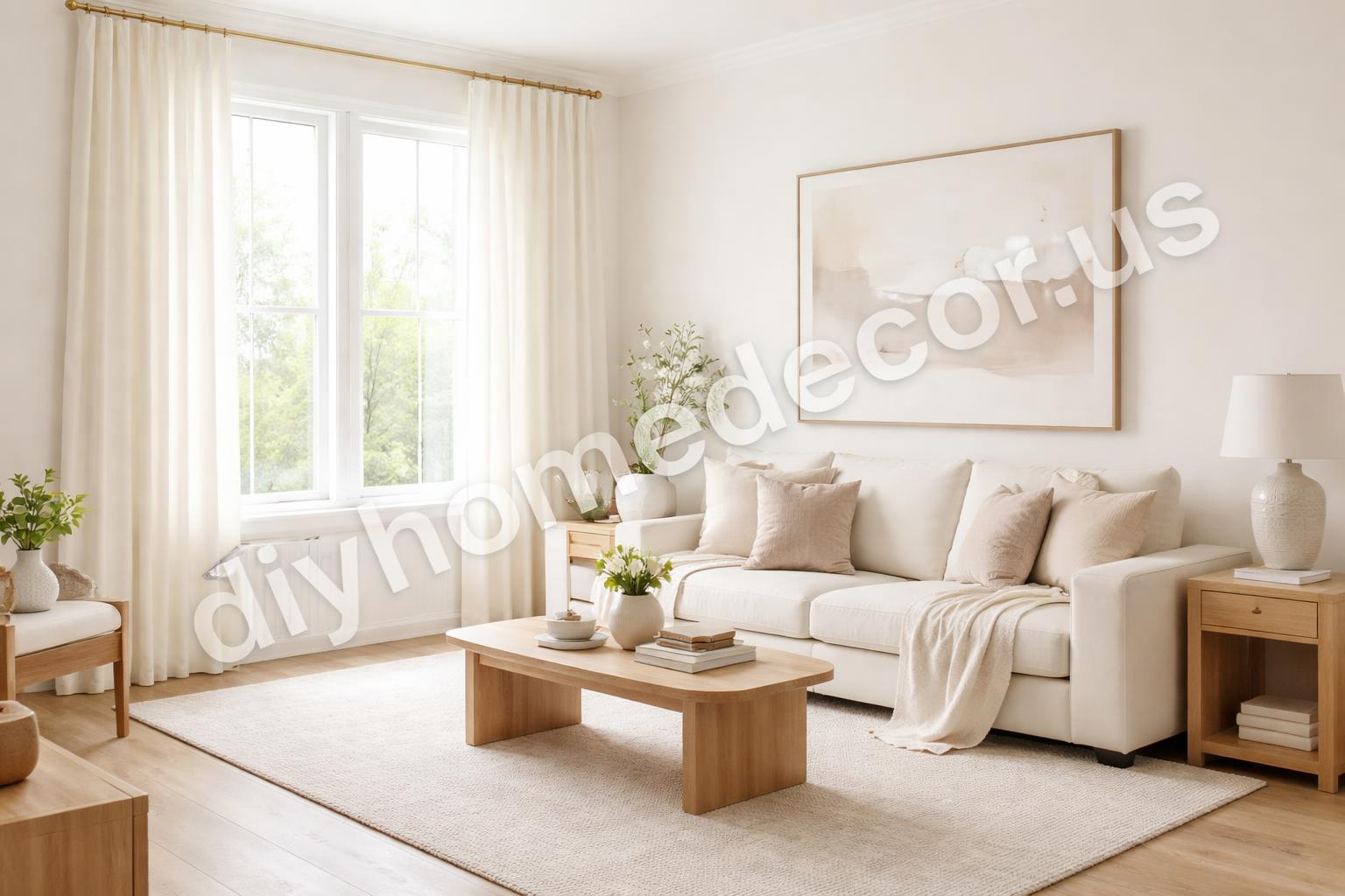 Neutral curtains and art in bright living room