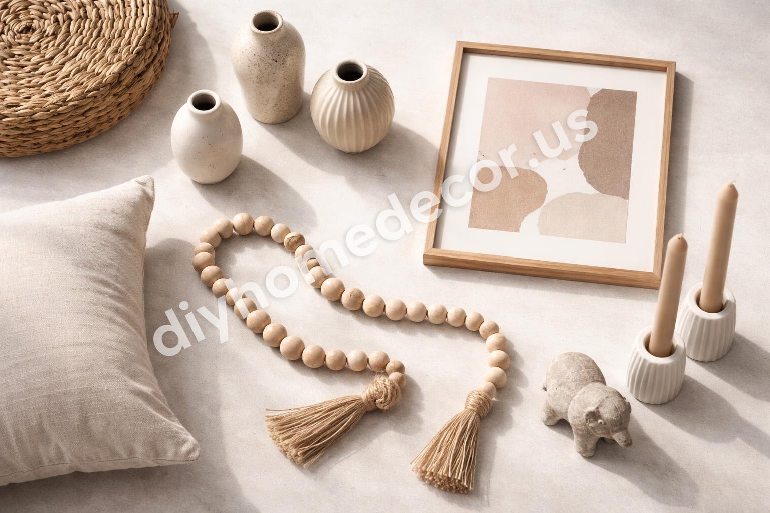 Neutral decor pieces flatlay for living room