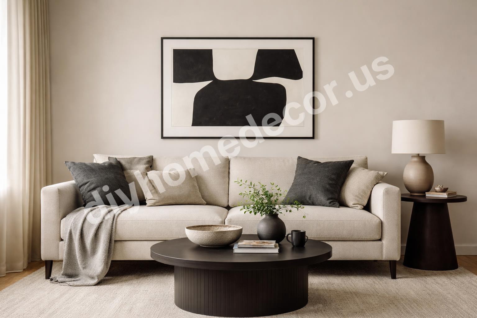 Neutral living room with dark accent pieces