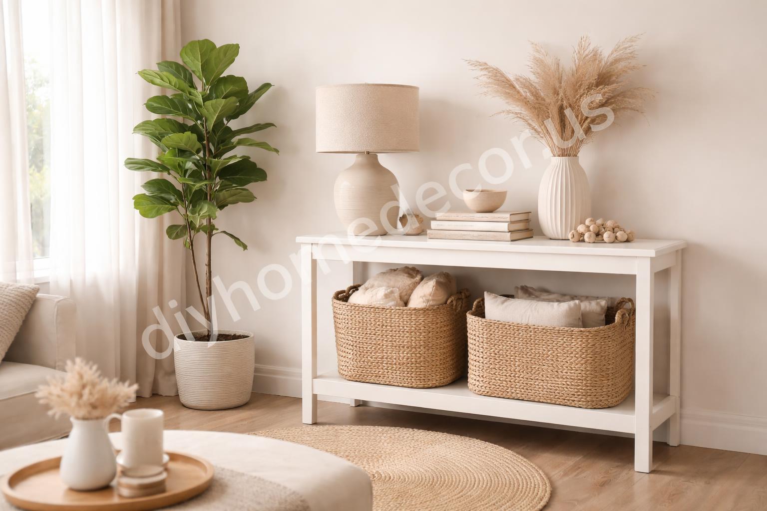 Neutral storage baskets and potted plant in living room