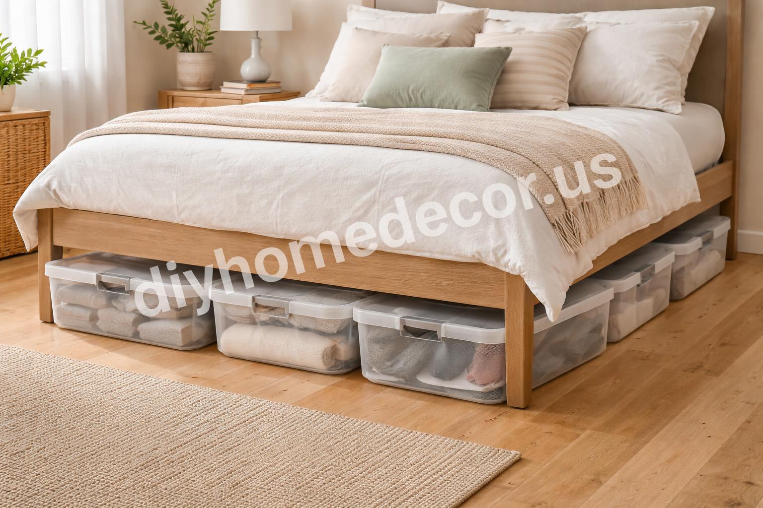 Organized under bed storage bins in bedroom