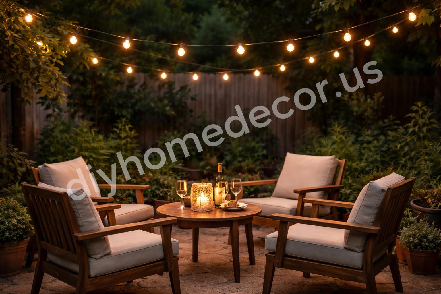 Outdoor globe lights over patio seating