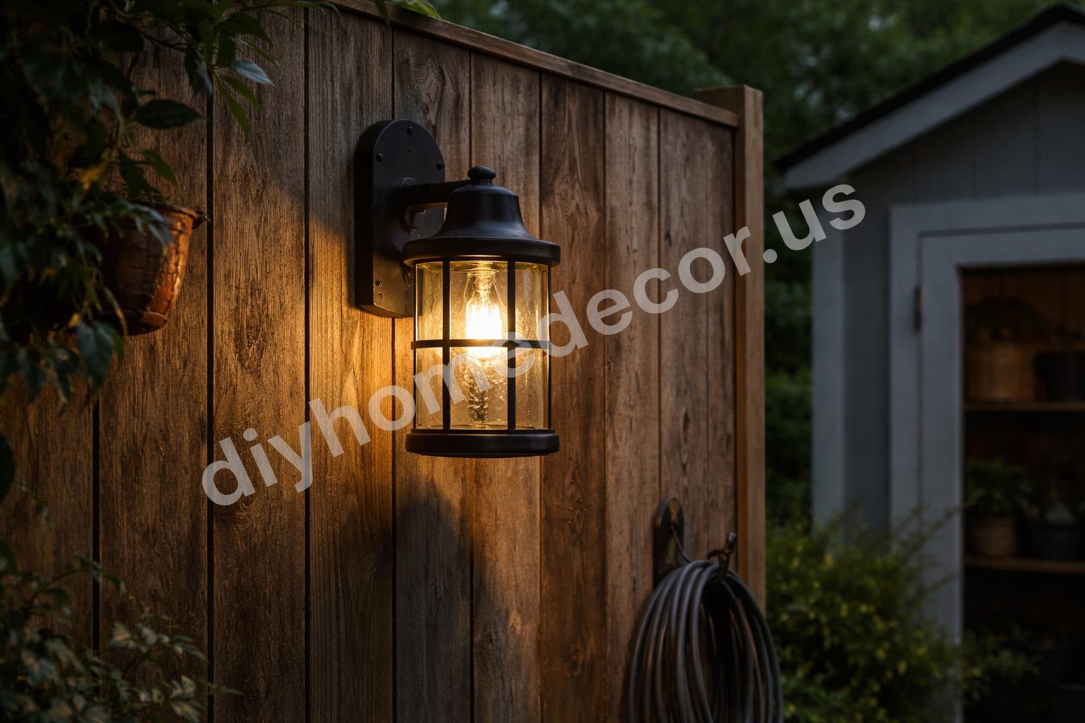 Outdoor wall sconce on garden fence