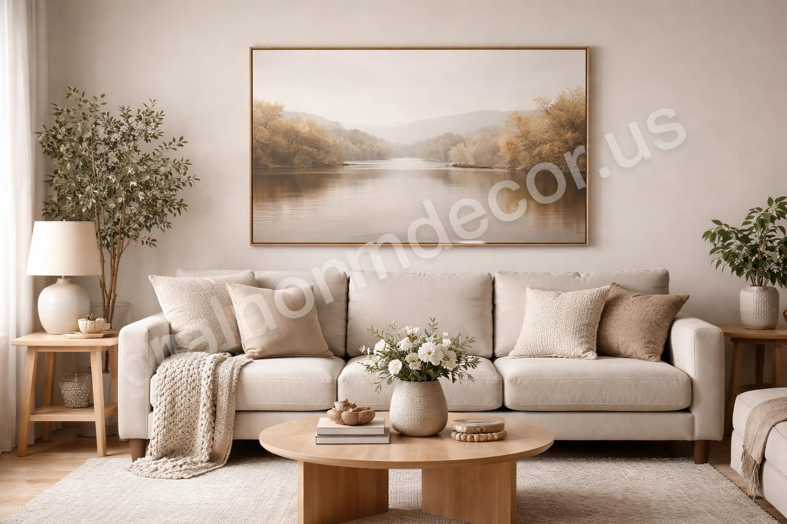 Oversized budget wall art above sofa