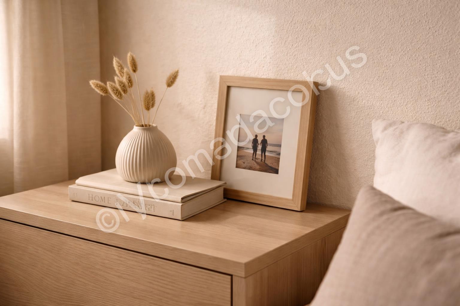 Personal japandi bedroom with book ceramic and photo