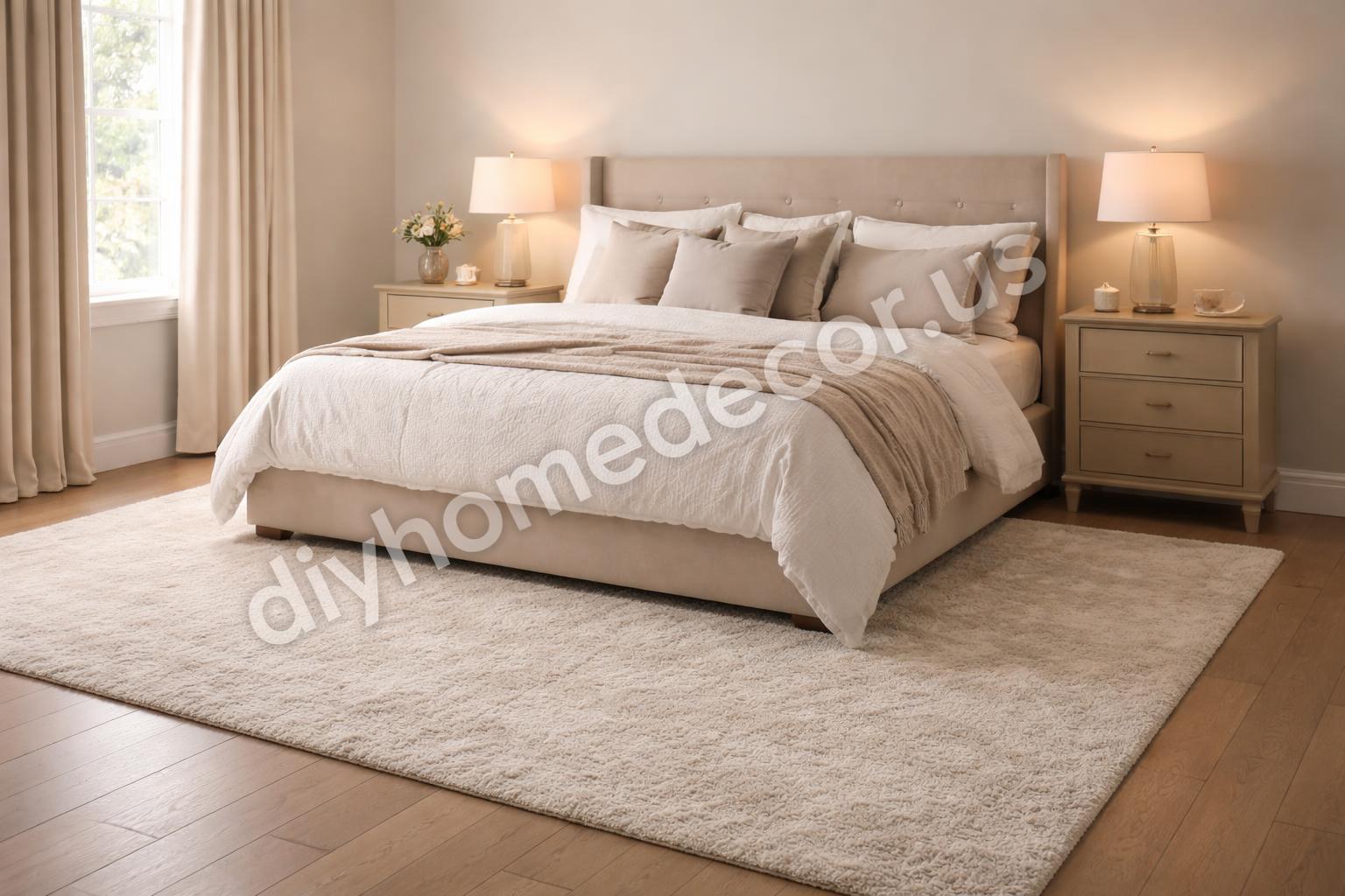 Plush bedroom rug under bed with soft nightstand lighting
