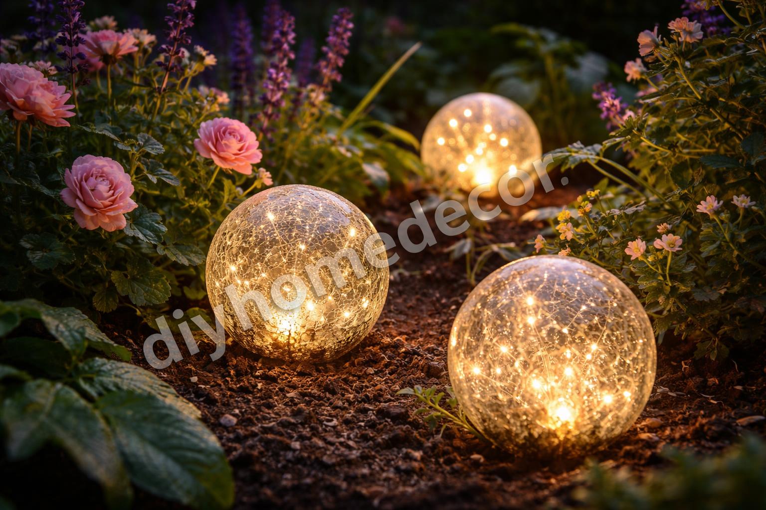 Resin orb garden lights in flower bed