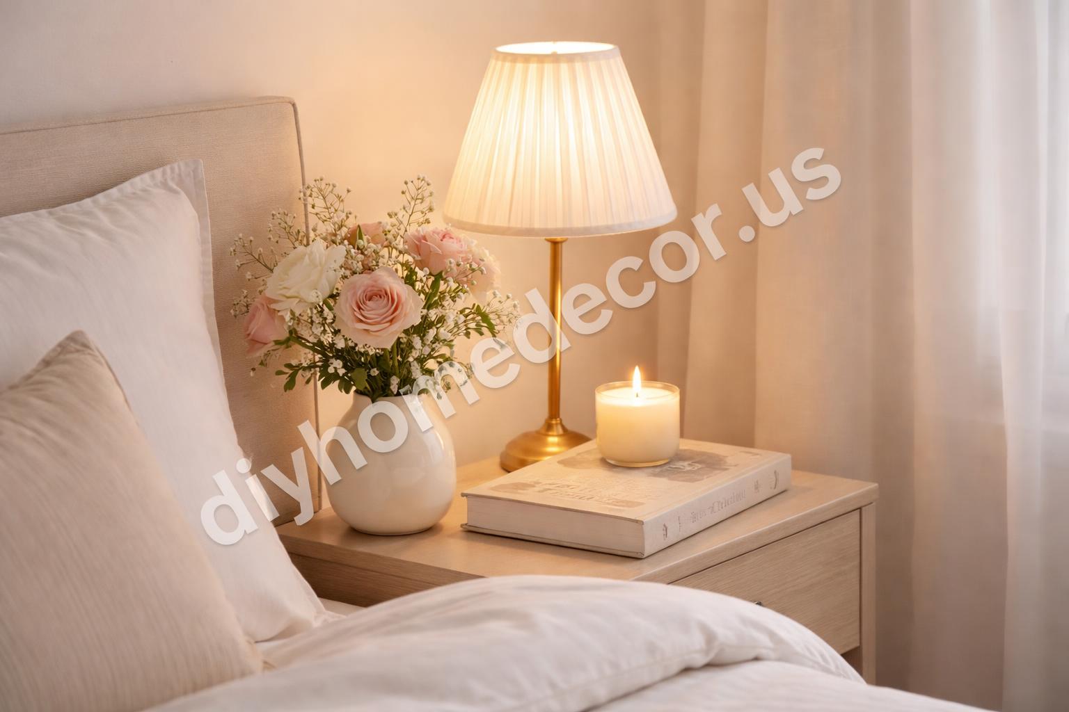 Romantic bedroom floral nightstand arrangement