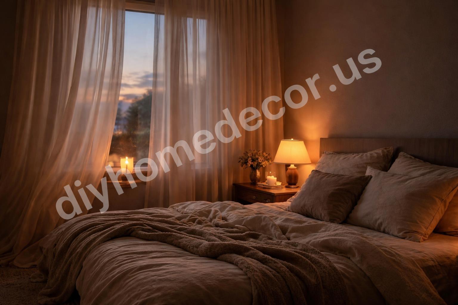 Romantic bedroom sheer curtains at night