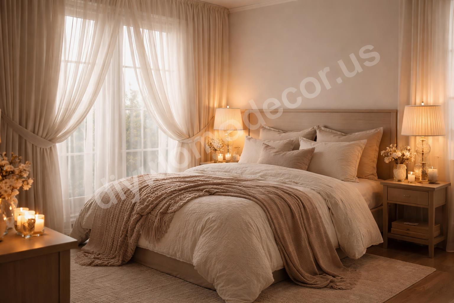 Romantic elegant bedroom with soft curtains and warm glow