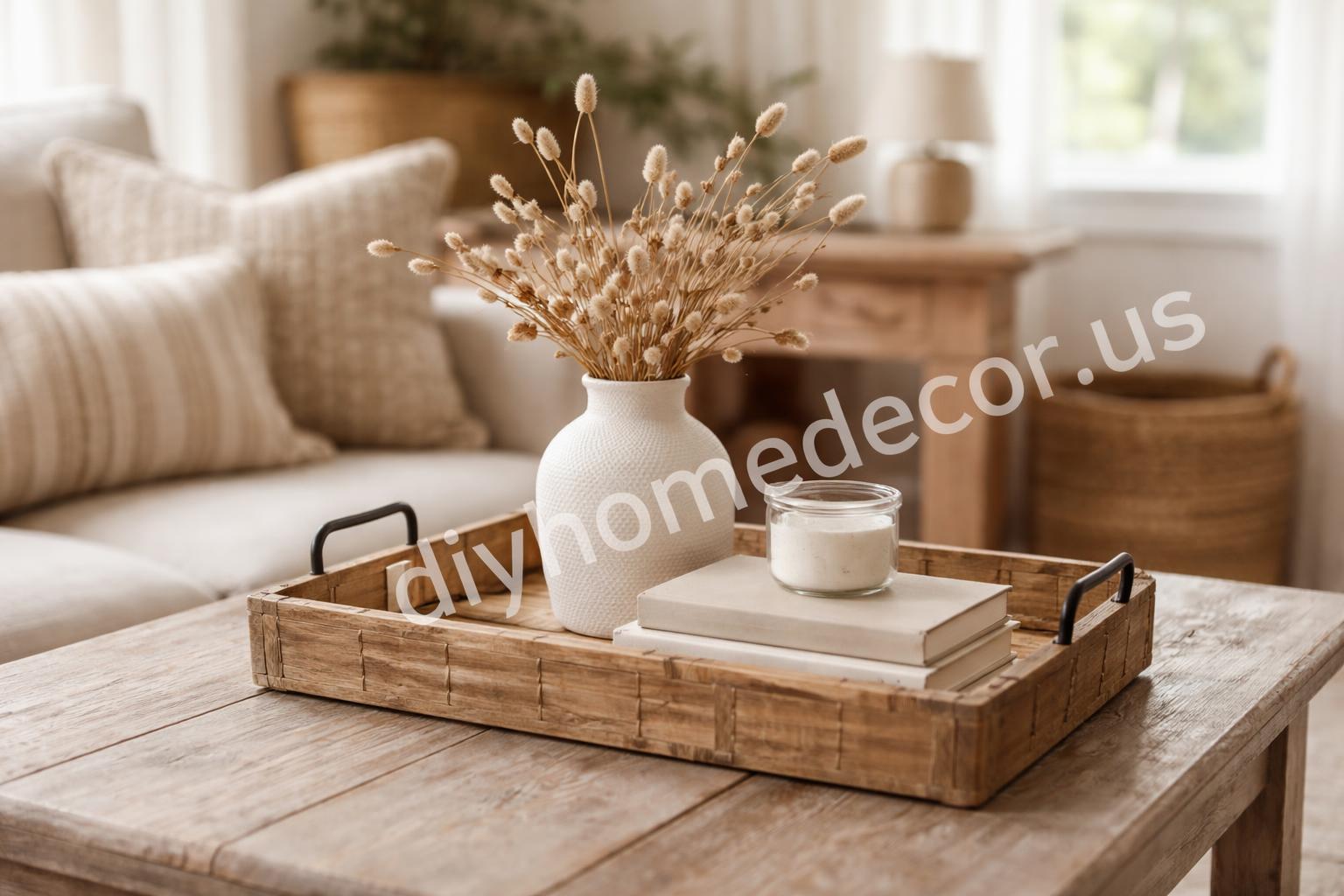 Rustic coffee table decor tray vase books