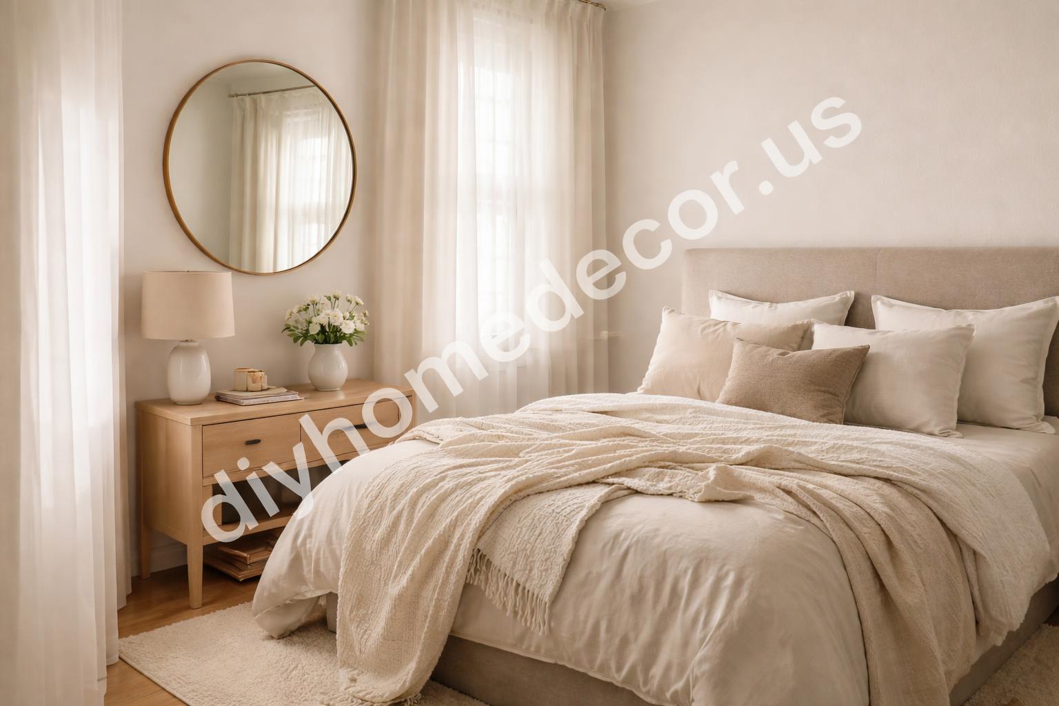 Serene small bedroom with calming neutral decor