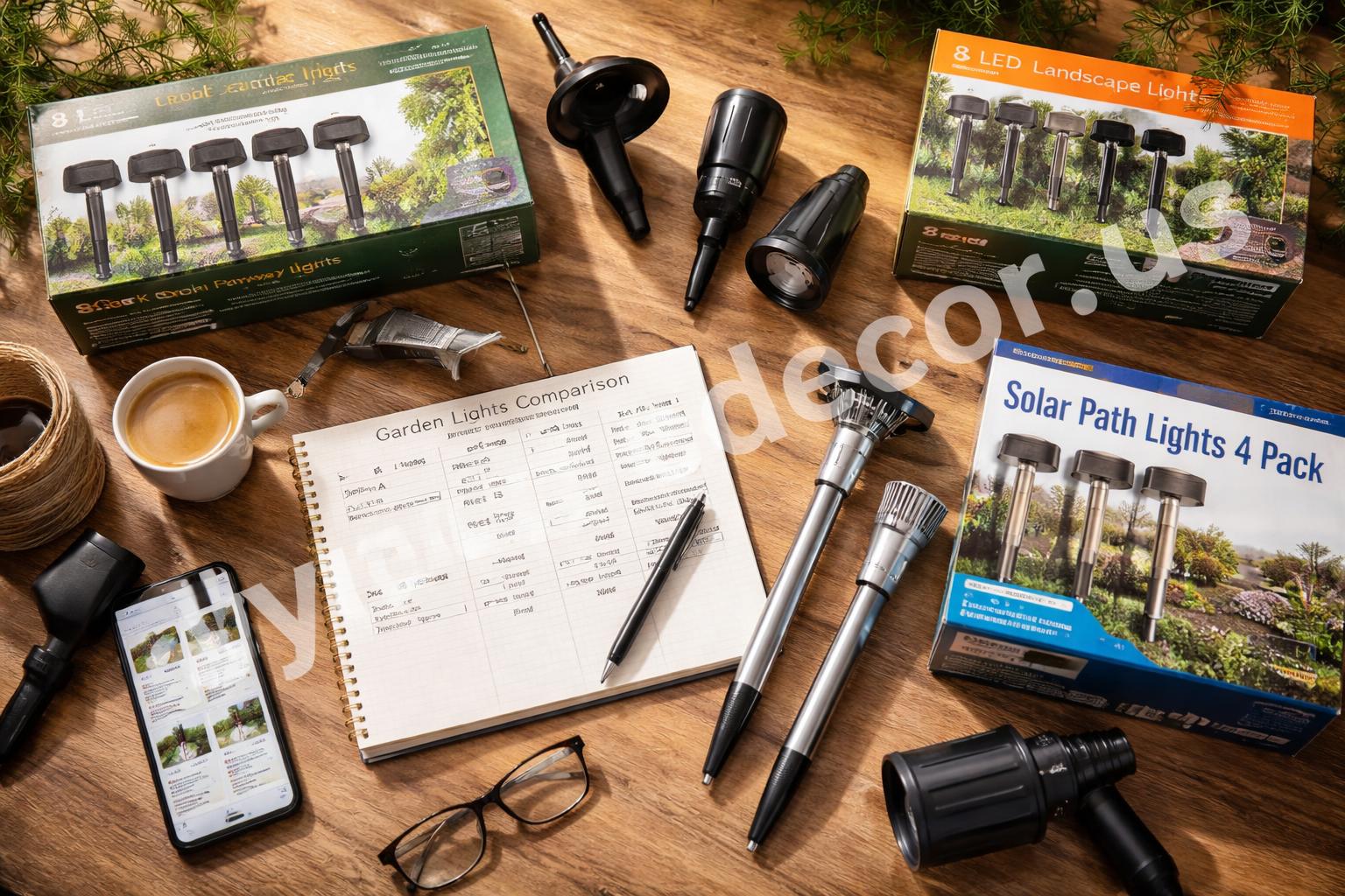 Shopping comparison of led garden lights and packaging