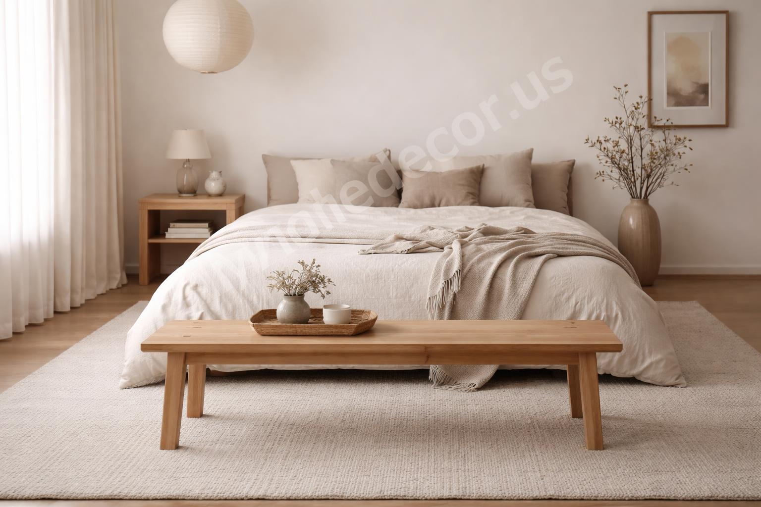 Simple wood bench at foot of minimal bed