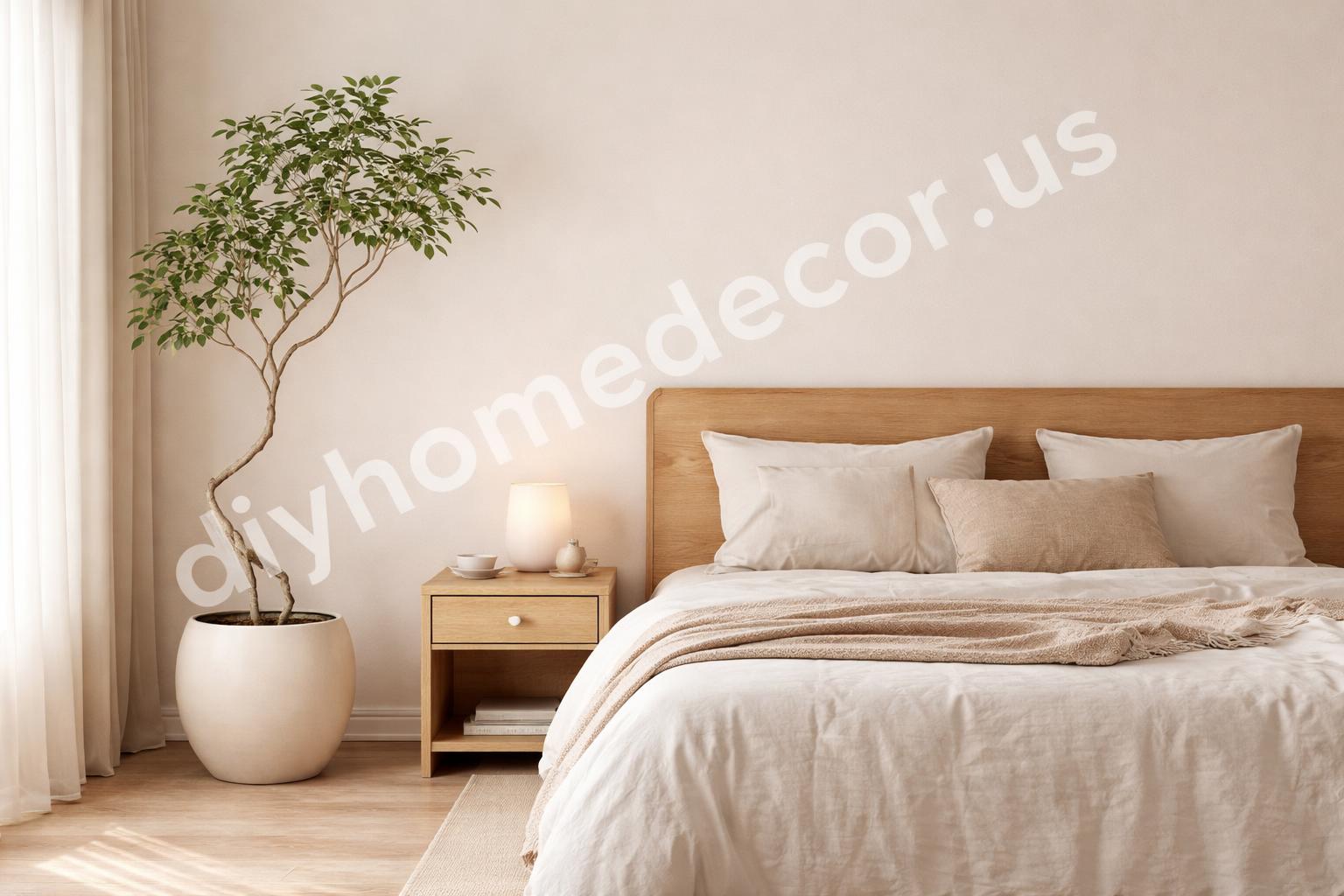 Single sculptural plant in minimal japandi bedroom