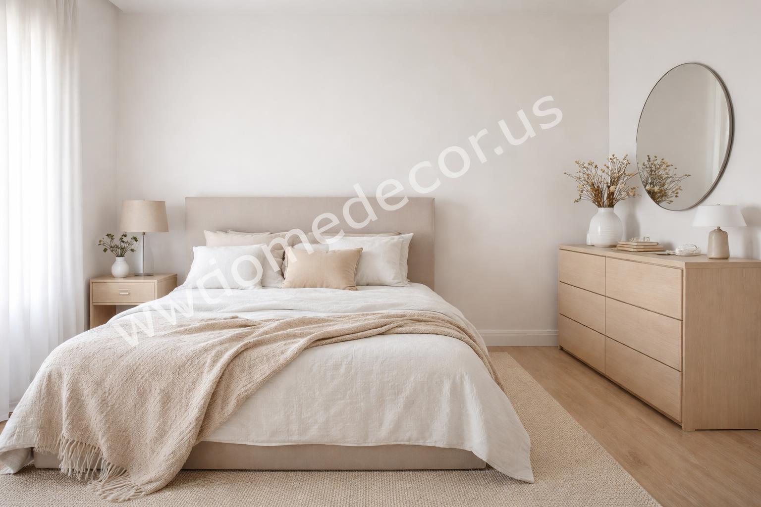 Slim nightstand and light toned dresser in small bedroom