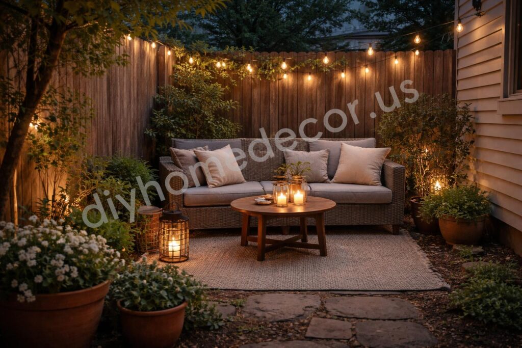 Small backyard garden lighting evening glow