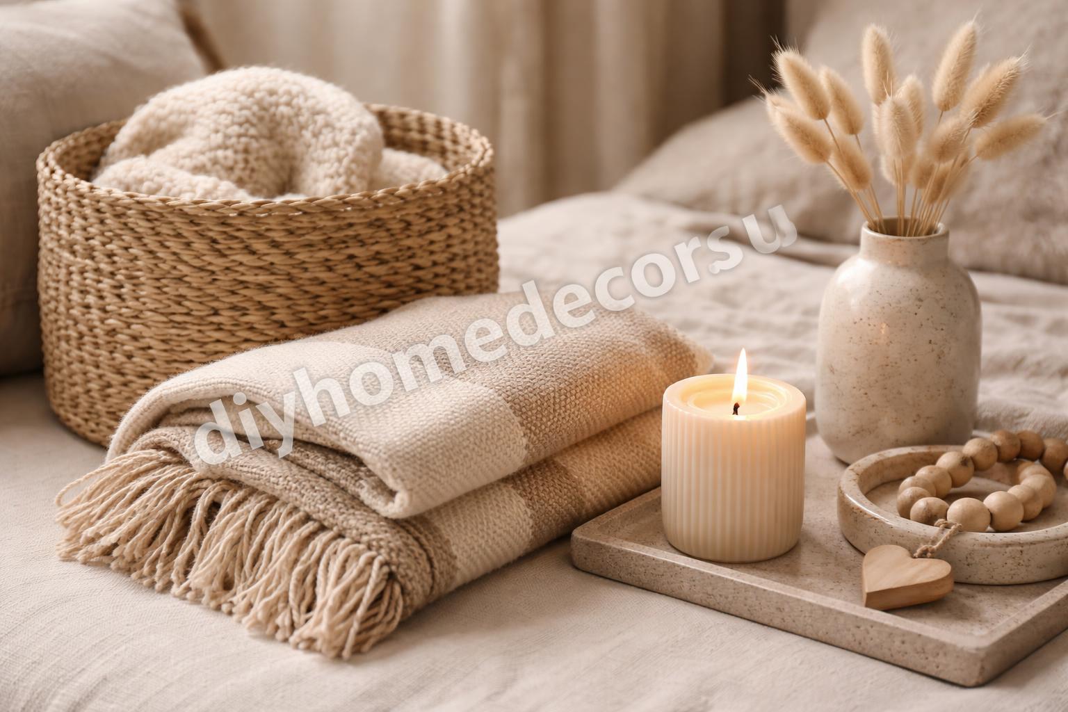Soft bedroom textures with basket blanket and candle