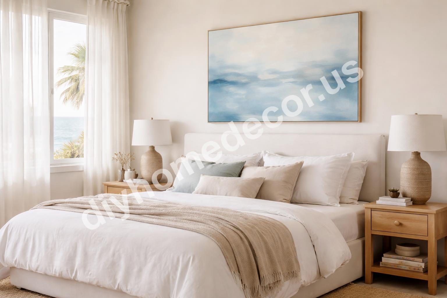 Soft blue coastal bedroom wall art above bed