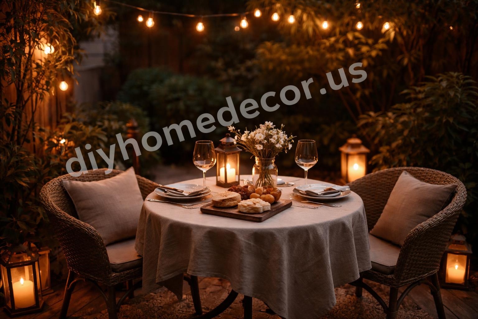 Soft lighting around outdoor dining table