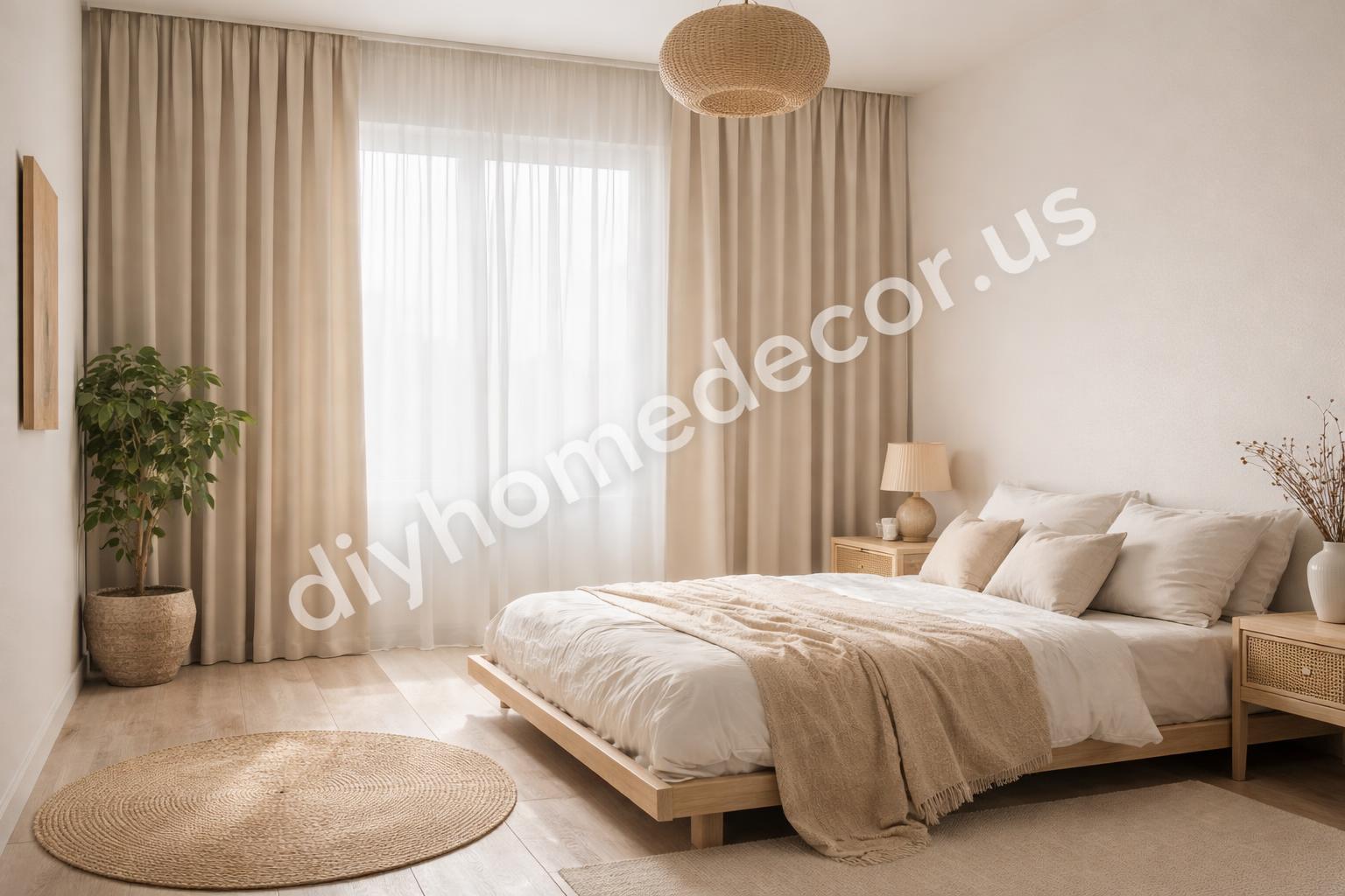 Soft neutral blackout curtains in calm bedroom