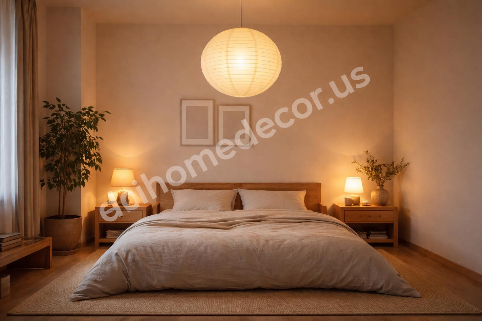 Soft paper pendant light over japandi bed