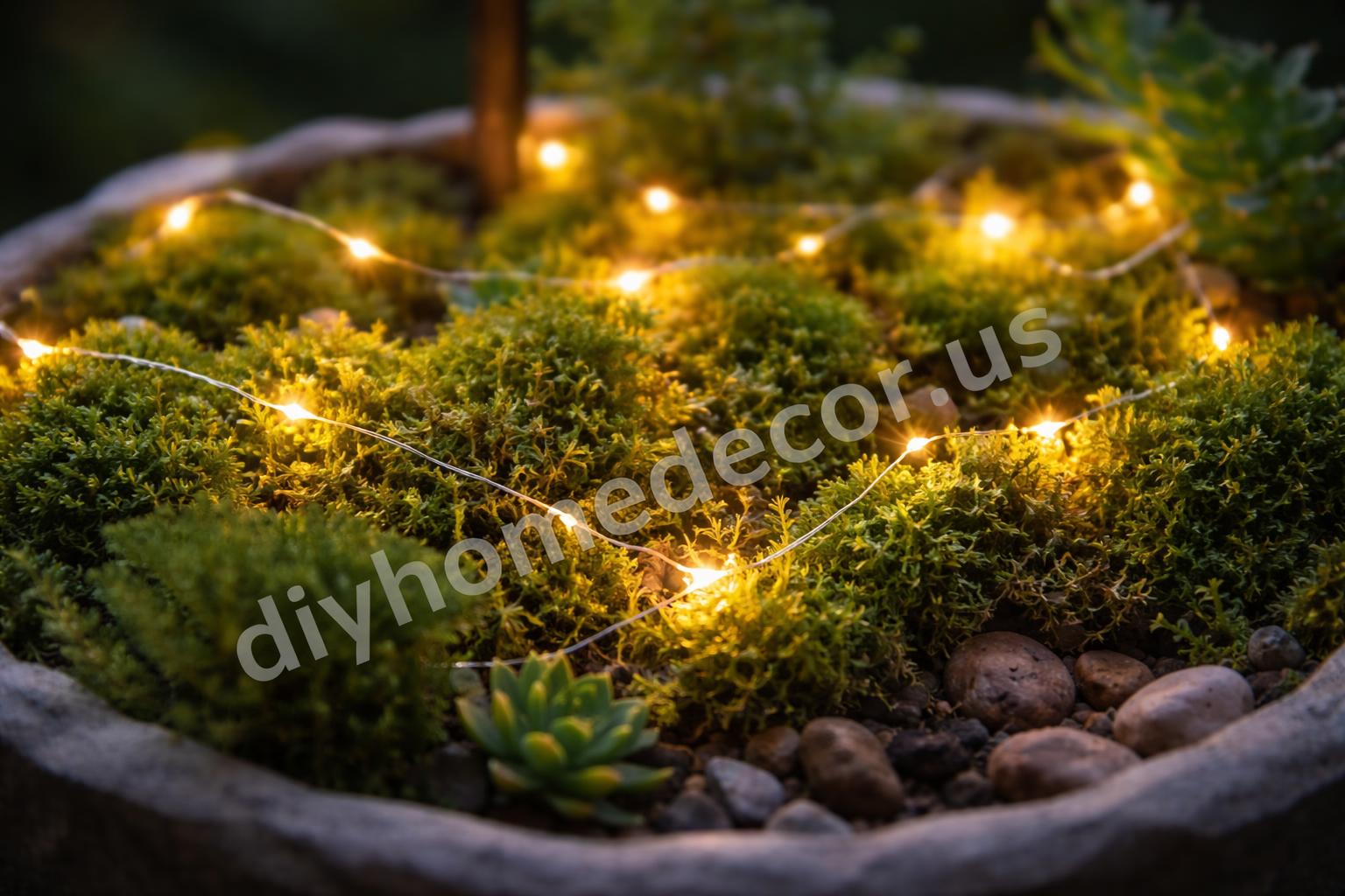 Solar fairy lights woven through miniature garden moss