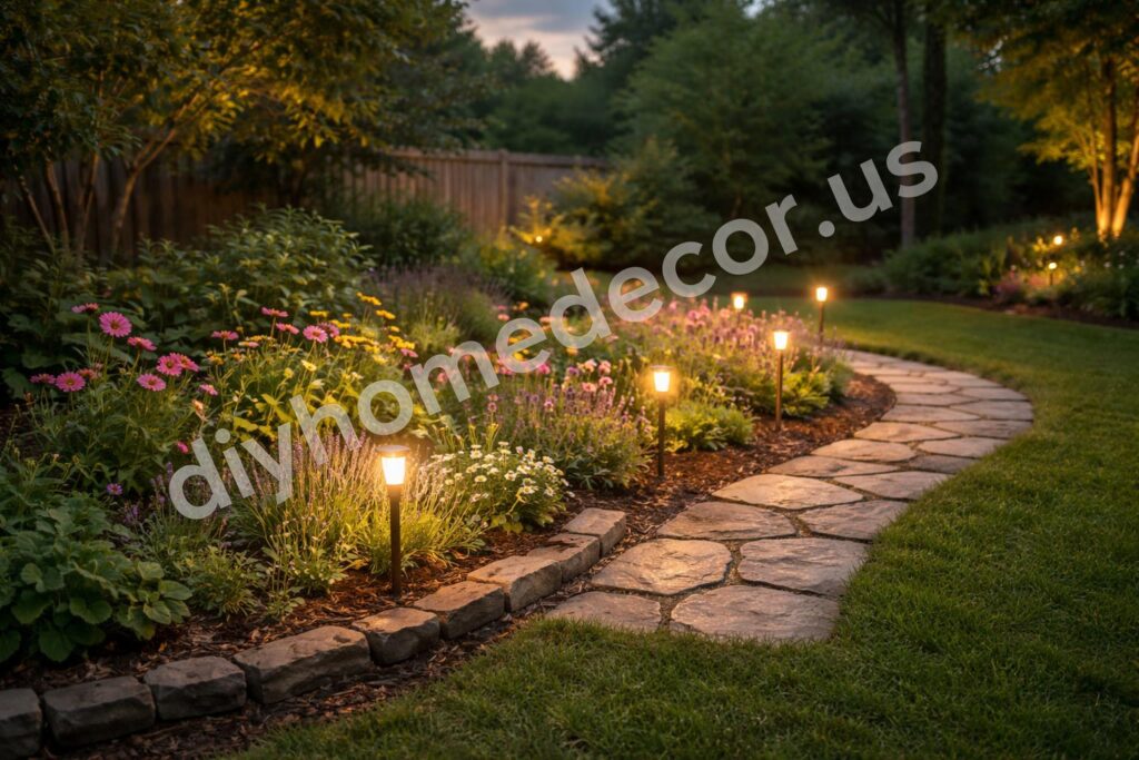 Solar garden path lights around flowering border