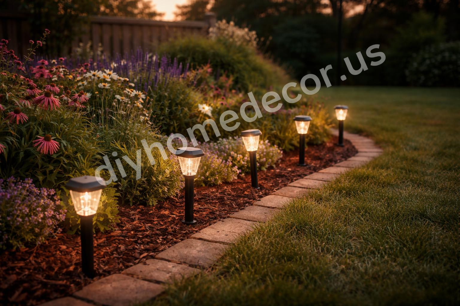 Solar led garden stake lights during dusk