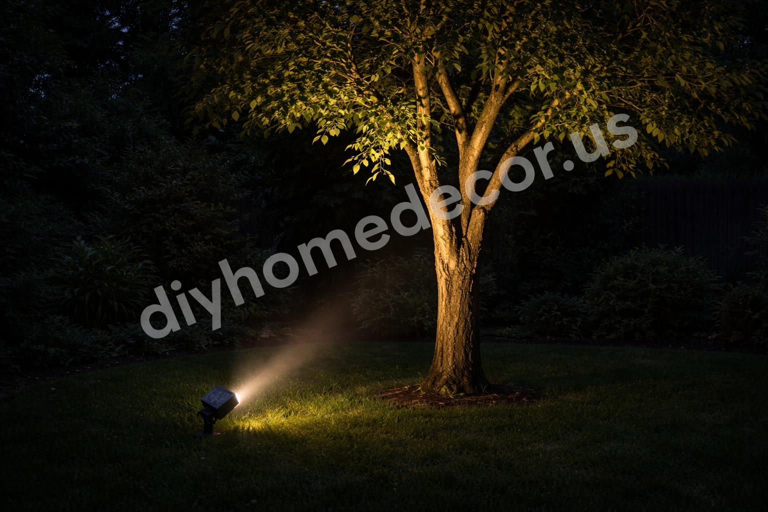 Solar spotlight on backyard tree at night