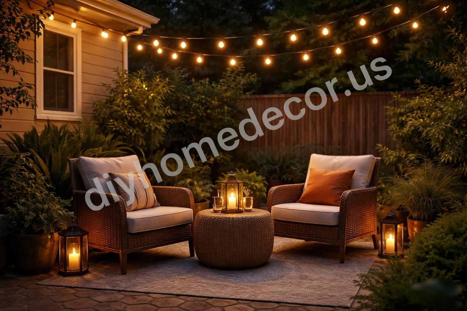 Solar string lights over cozy patio seating