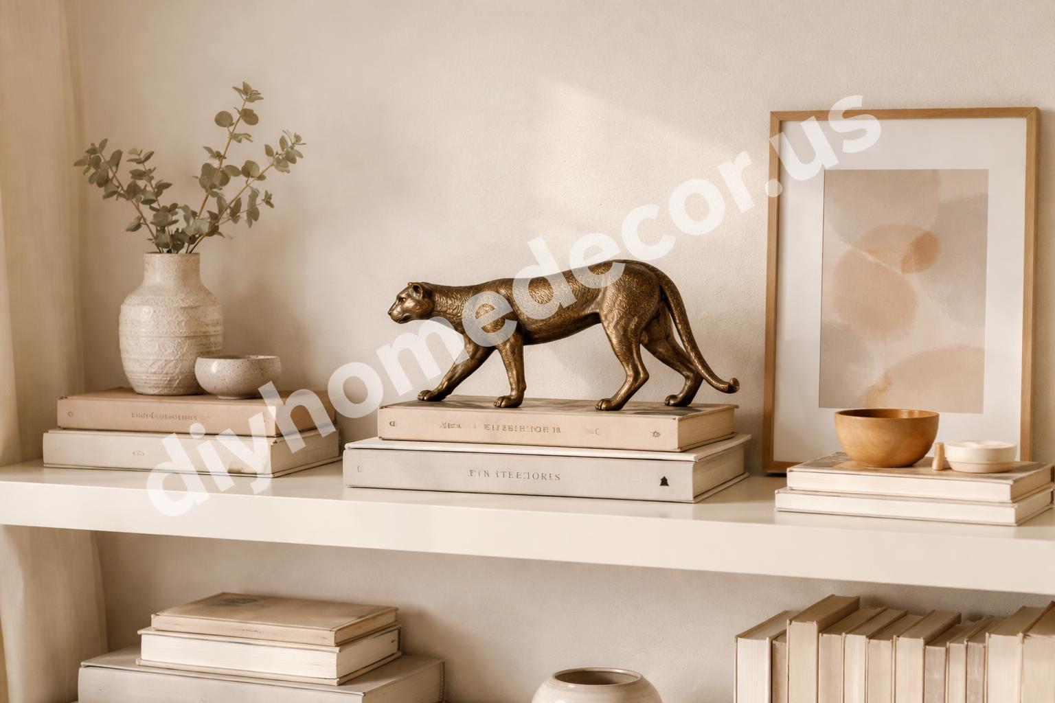 Styled living room shelf with animal statue