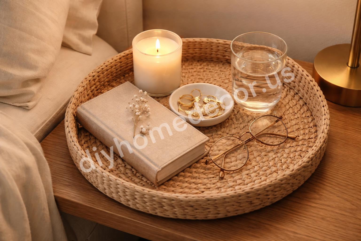 Styled nightstand tray with candle and book