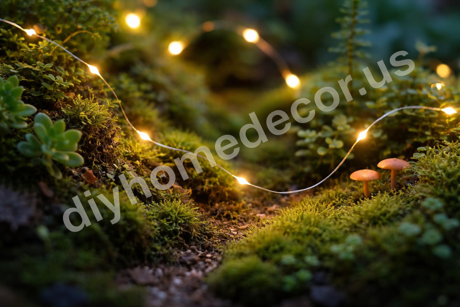 Thin wire fairy lights curving around miniature plants