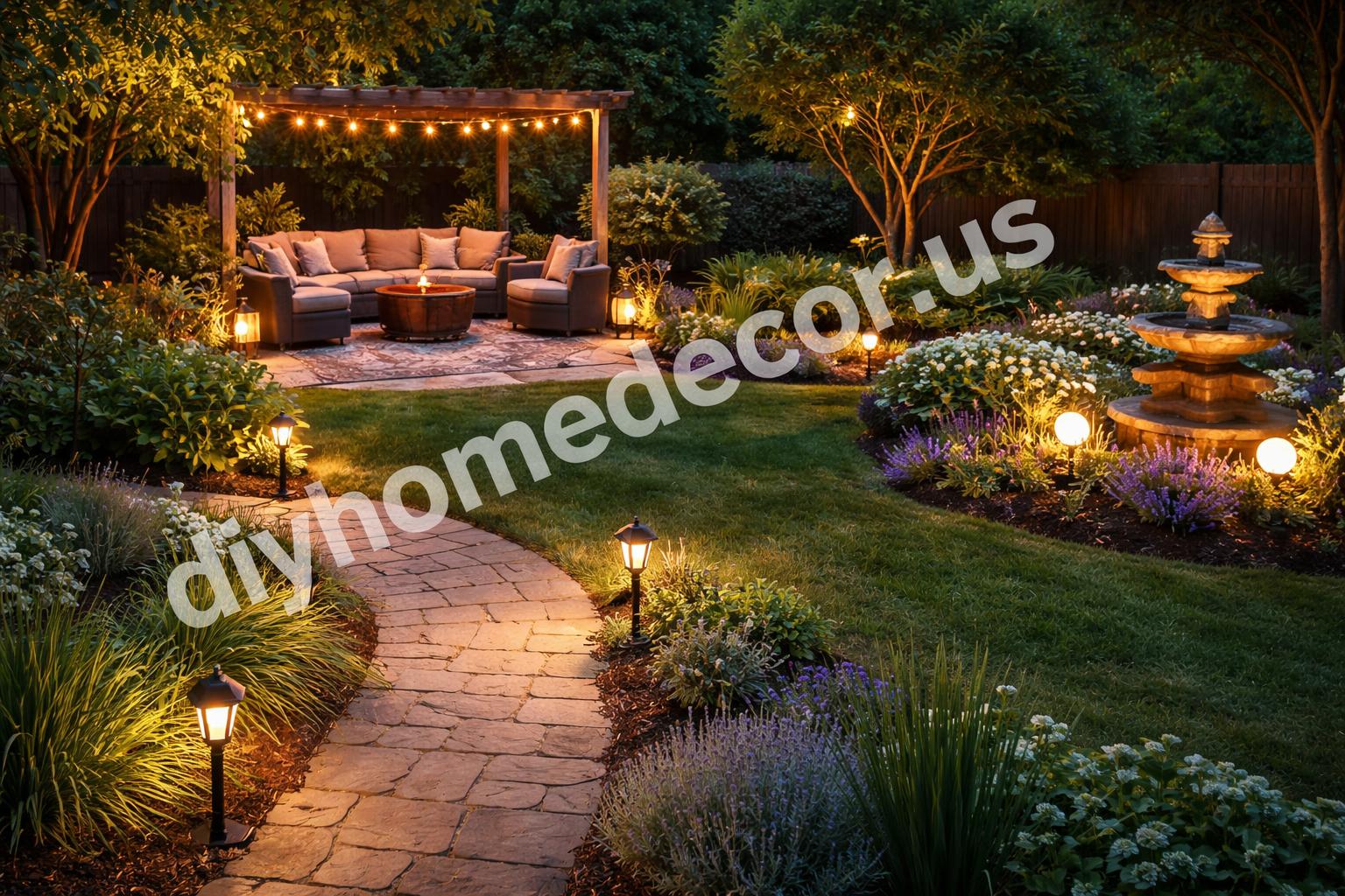 Three different backyard zones lit with solar decor