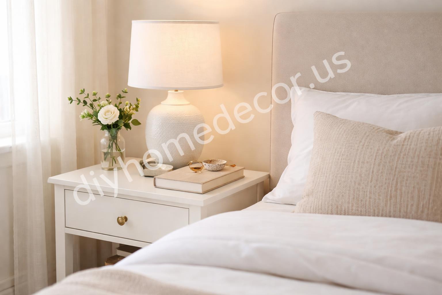 Tidy bedroom nightstand with hidden cords and clean surfaces