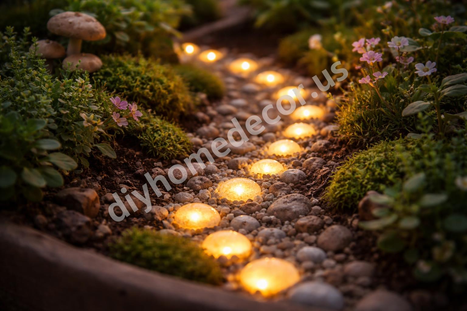 Tiny glowing pebble path through a fairy garden