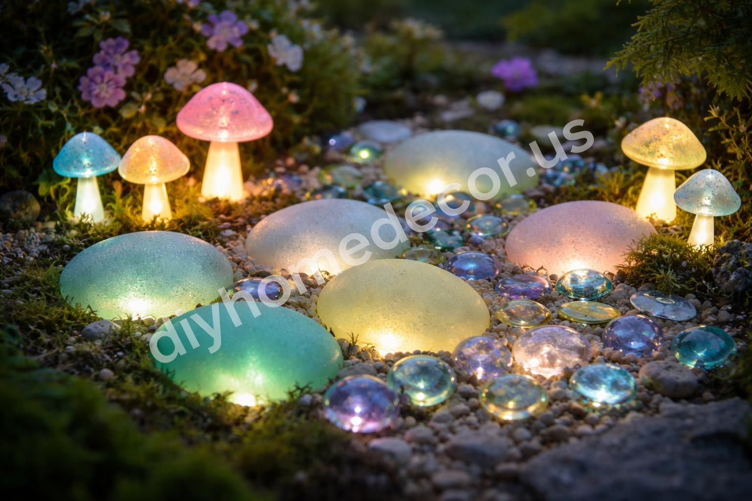 Translucent fairy decor glowing from below at dusk