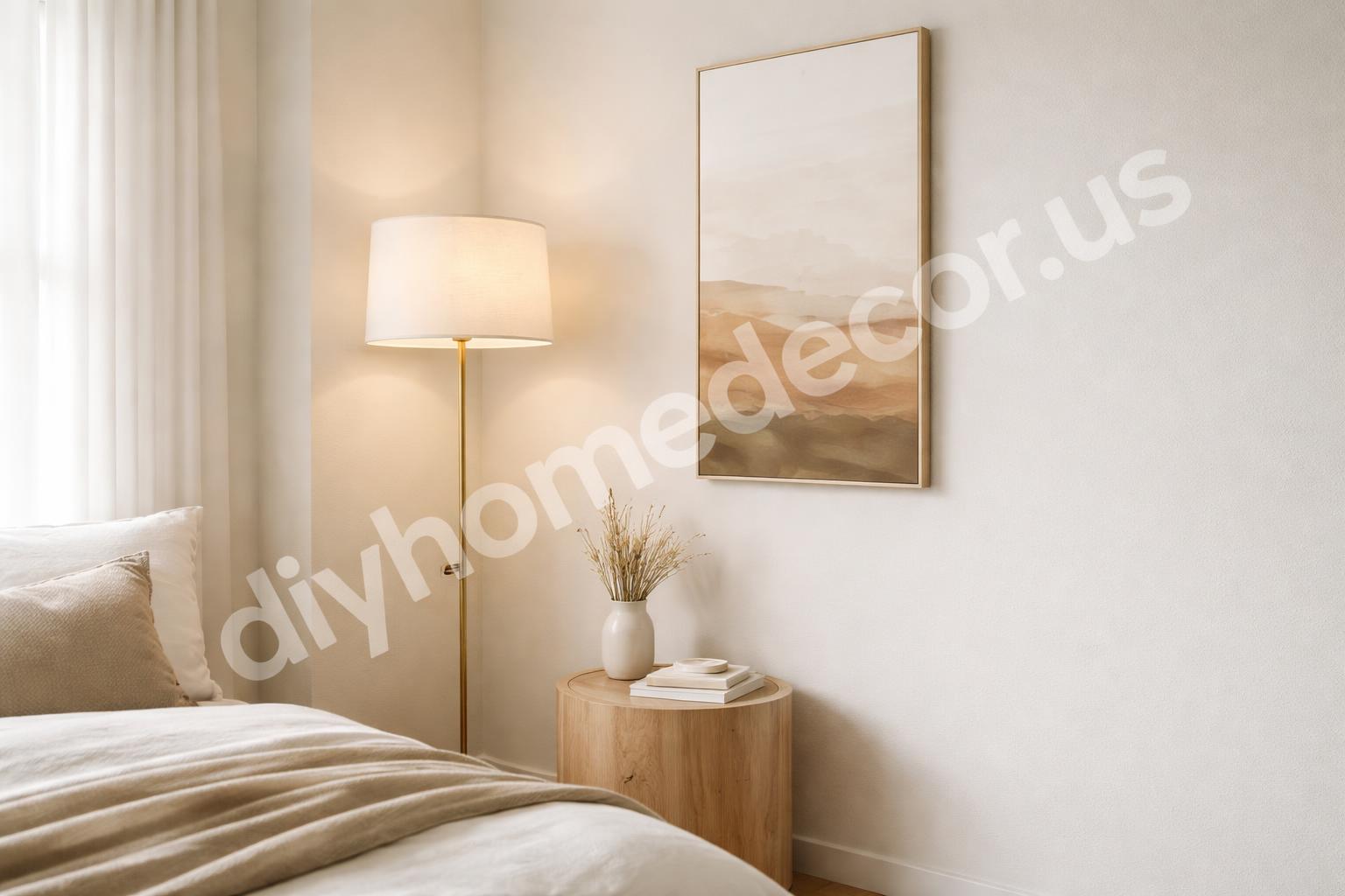 Vertical art and tall floor lamp in small bedroom